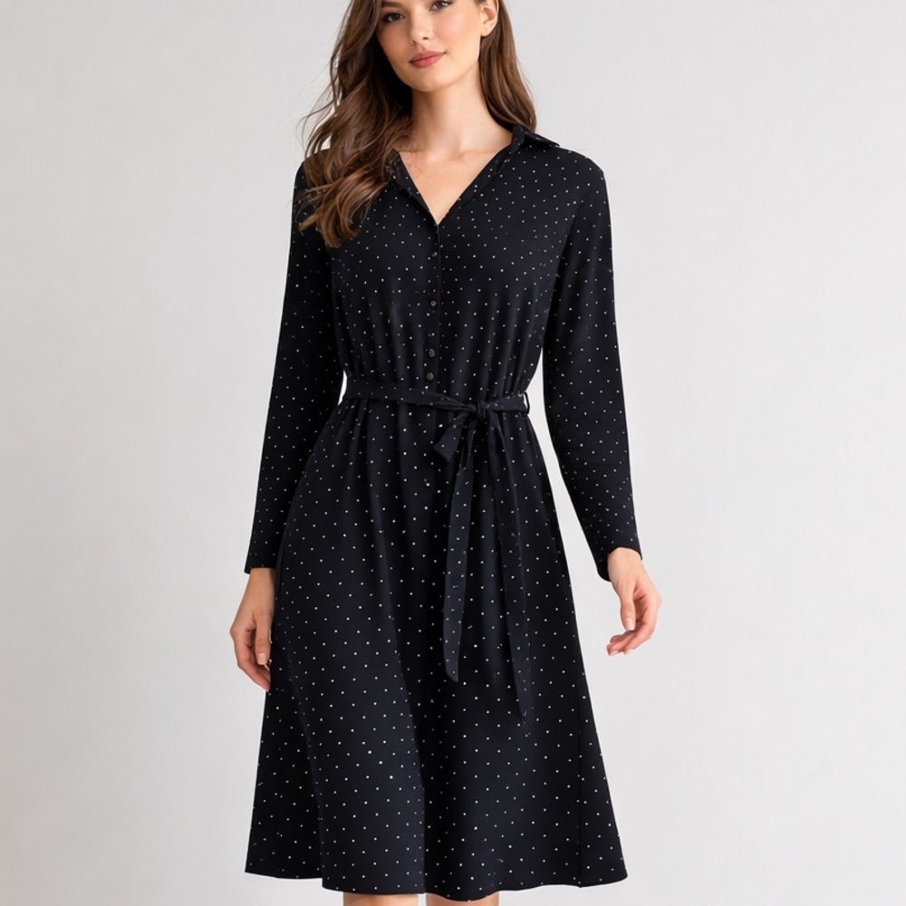 J.Jill Wearever Black  Polka Dot Shirt Dress Large Tie Waist